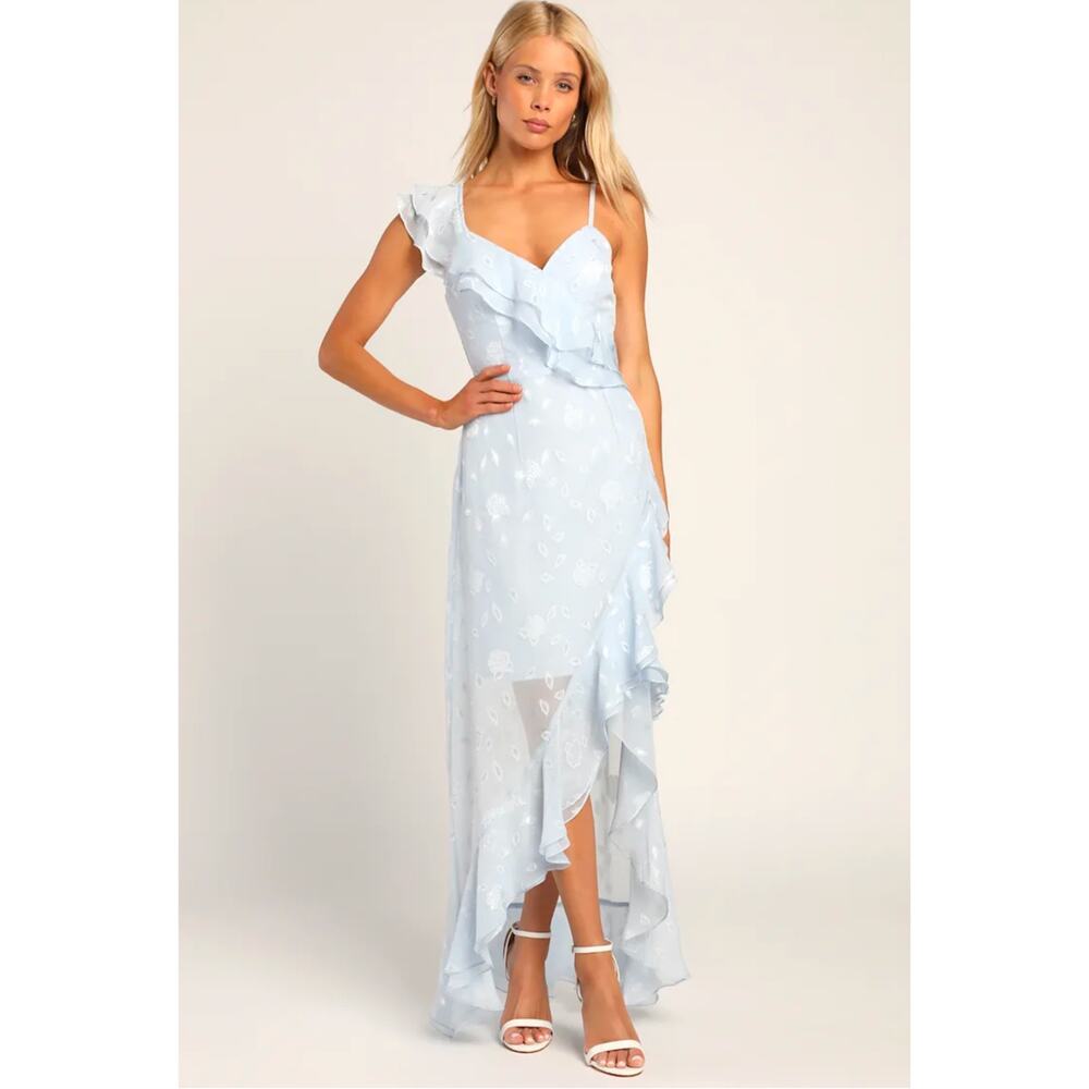 Lulus Blue Floral Jacquard Ruffled Maxi Dress